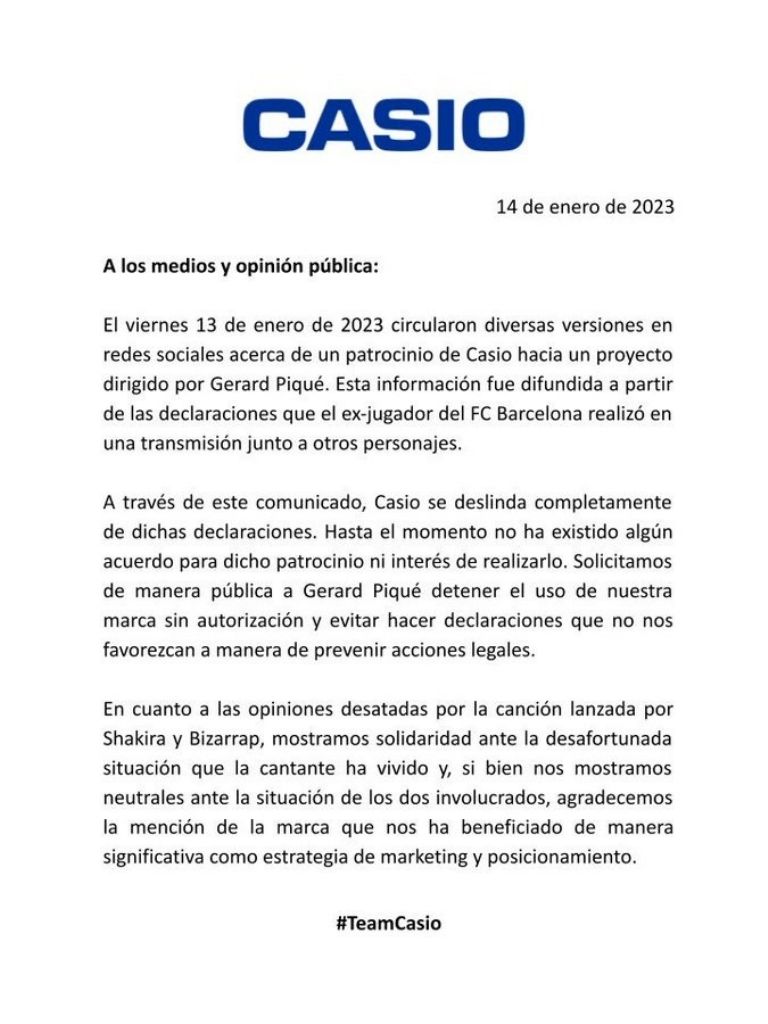 En la canción de Shakira se menciona a Casio y Piqué anunció patrocinio con dicha marca