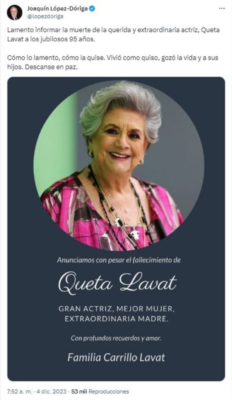 A sus 95 años, se anuncia la triste muerte de la actriz Queta Lavat.
