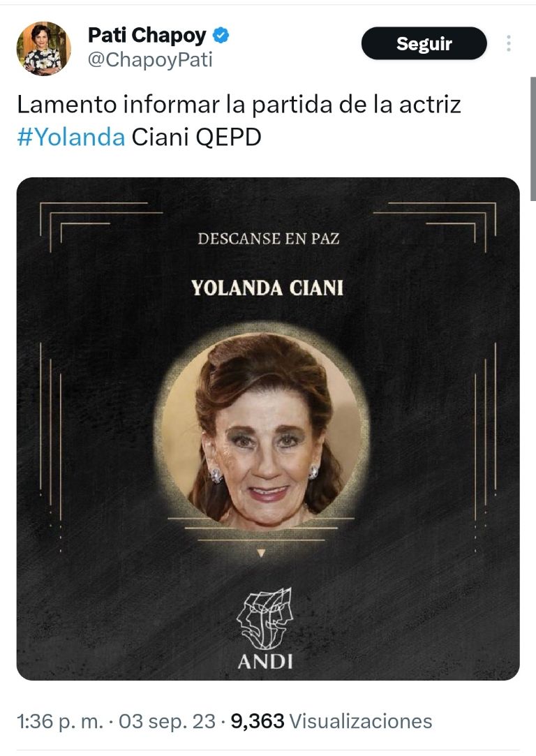 Fallece la primera actriz del Cine de Oro, Yolanda Ciani a sus 85 años.