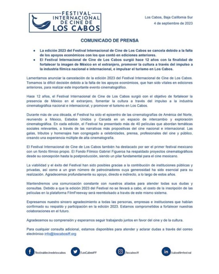 Festival de Cine de Los Cabos es cancelado