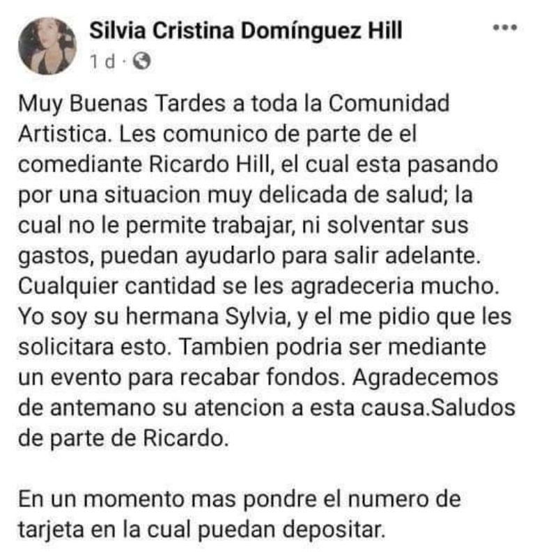 Comunicado de la hermana de Ricardo Hill sobre su salud