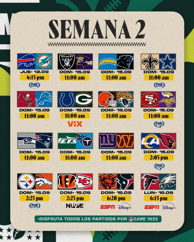 Calendario semana 2 NFL, ¿dónde ver en vivo?