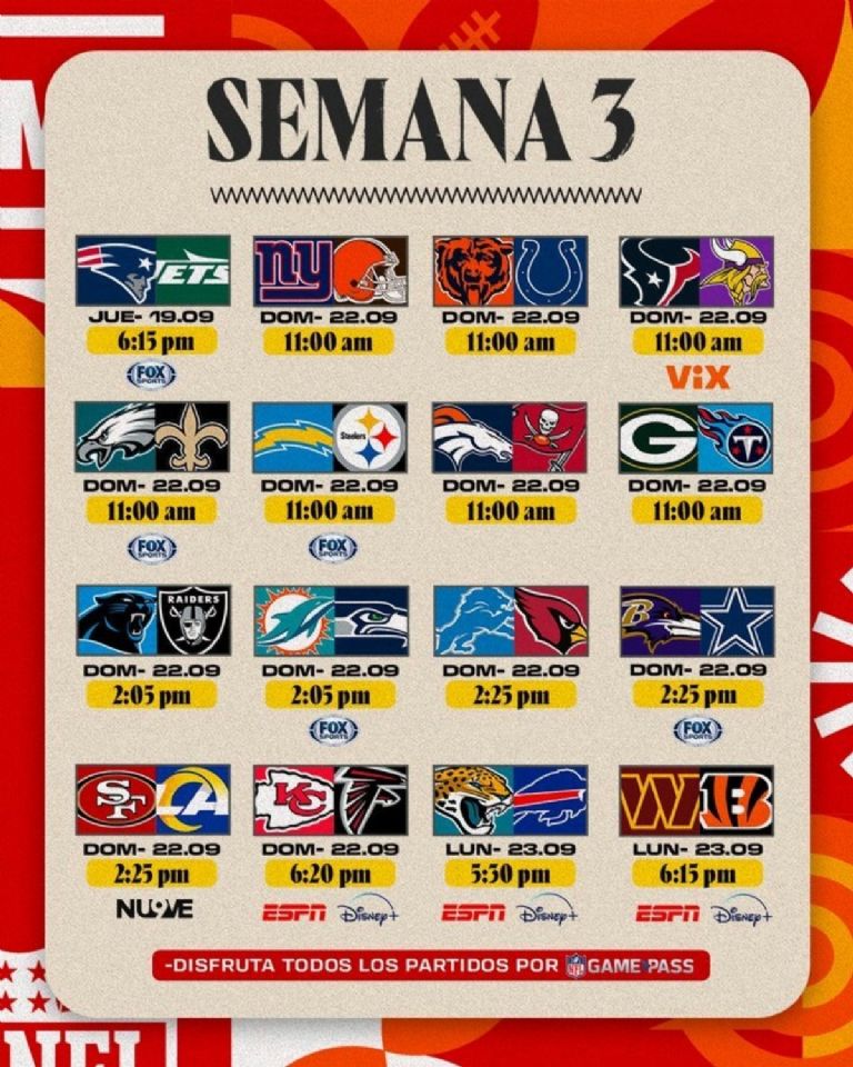 Calendario semana 3 NFL, ¿dónde ver los partidos en vivo?