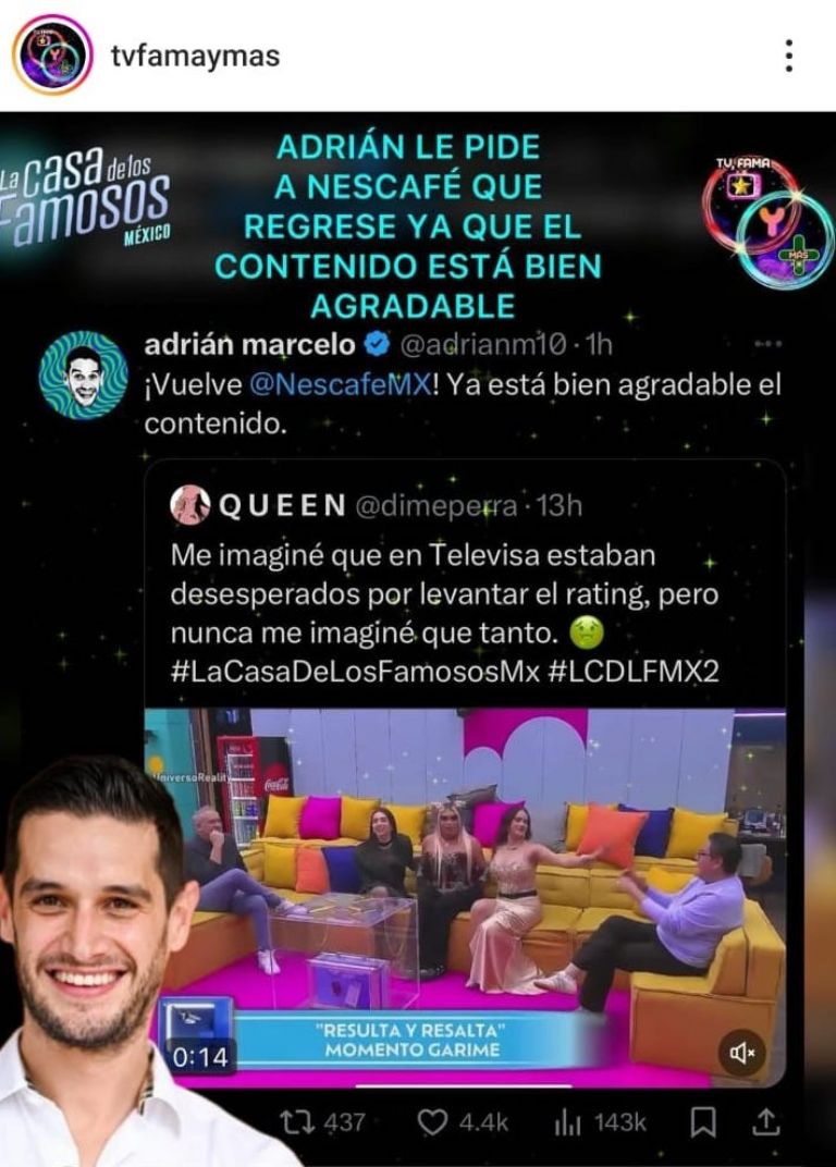 Adrián Marcelo pide a los patrocinadores que regresen a la casa de los famosos méxico