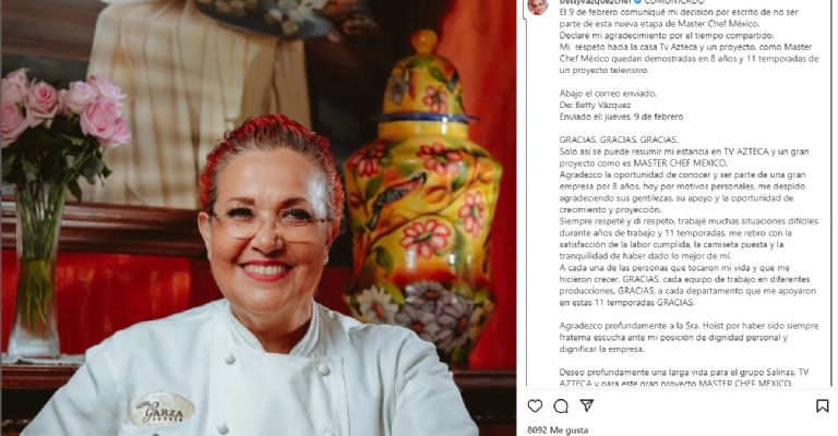 La Chef Betty se despide del programa con emotivo mensaje en su cuenta de Instagram