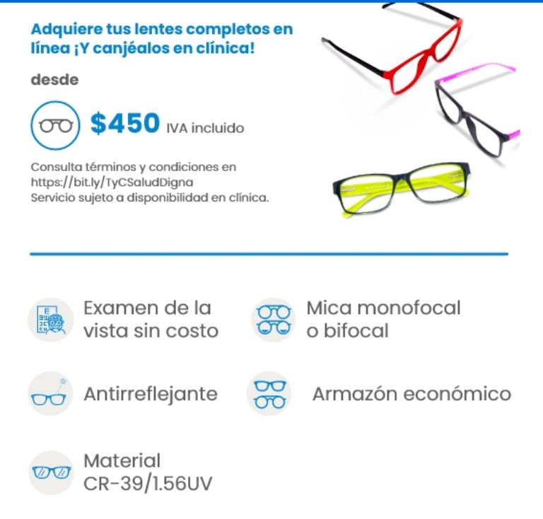 ¿Cuál es el precio de los lentes y examen de la vista en Salud Digna?